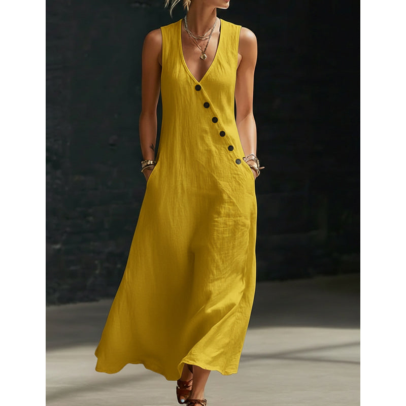 Vestido largo de algodón y lino con bolsillos