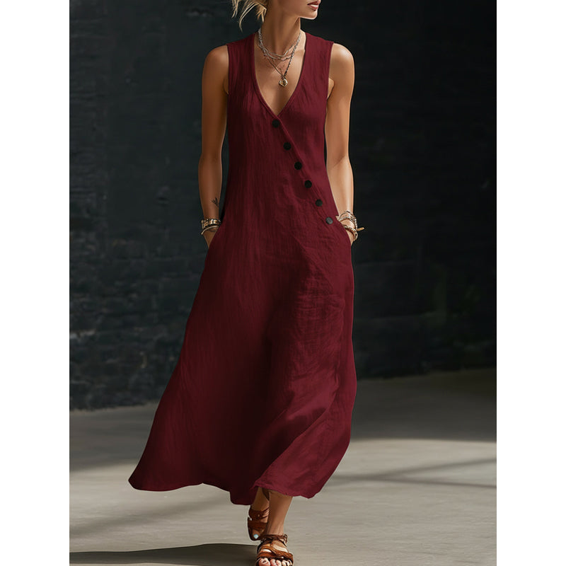 Vestido largo de algodón y lino con bolsillos
